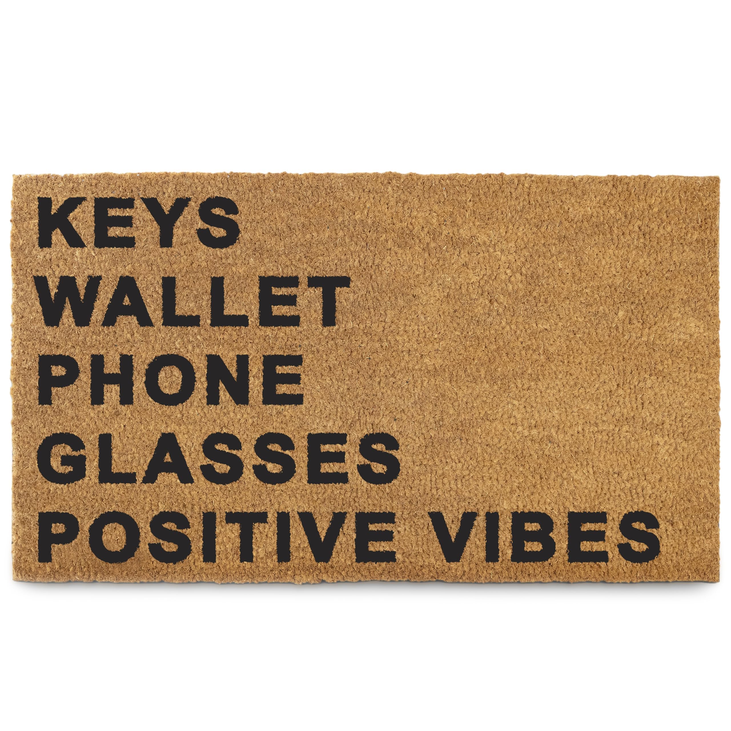 keys wallet phone glasses coir outdoor mat positive vibes