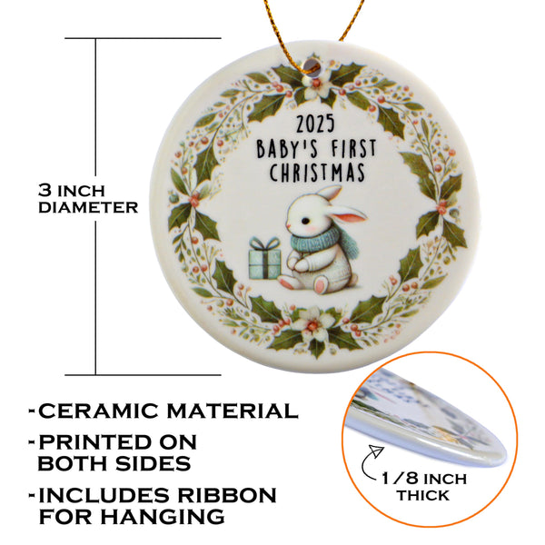 Ceramic ornament with '2025 Baby's First Christmas' text and rabbit illustration, showing material details.