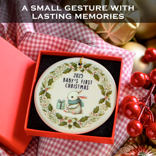 Decorative ornament for baby's first Christmas in a red box on a checkered fabric background.