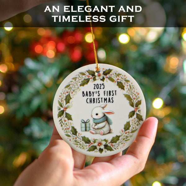 Decorative ornament with '2023 Baby's First Christmas' text held in front of a blurred Christmas tree.