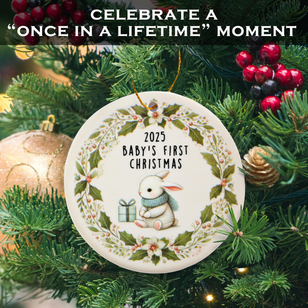 Decorative ornament for '2023 Baby's First Christmas' on a Christmas tree with festive decorations.