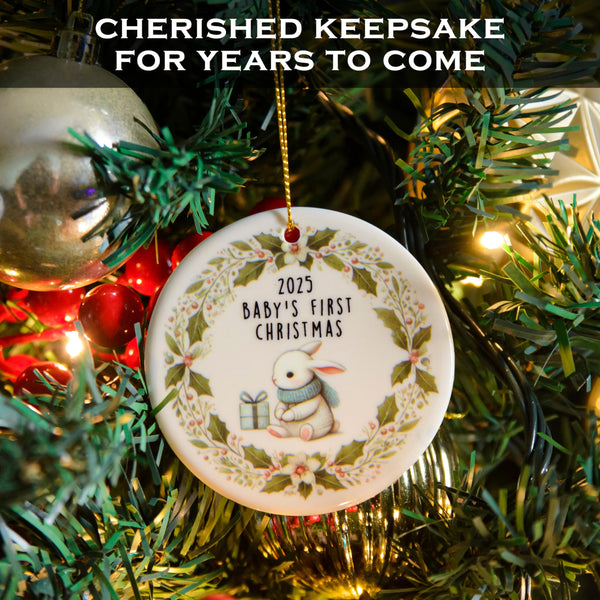 Christmas ornament with '2023 Baby's First Christmas' text on a decorated tree.