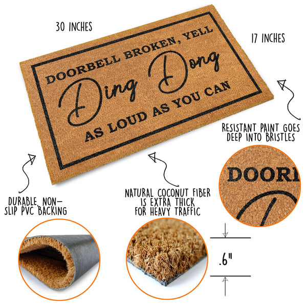 Ding Dong Doorbell Door Mat 30x17 Inch, Doorbell Broken Mat