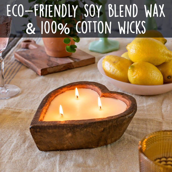 Wooden Dough Bowl Candle 6-inch Heart