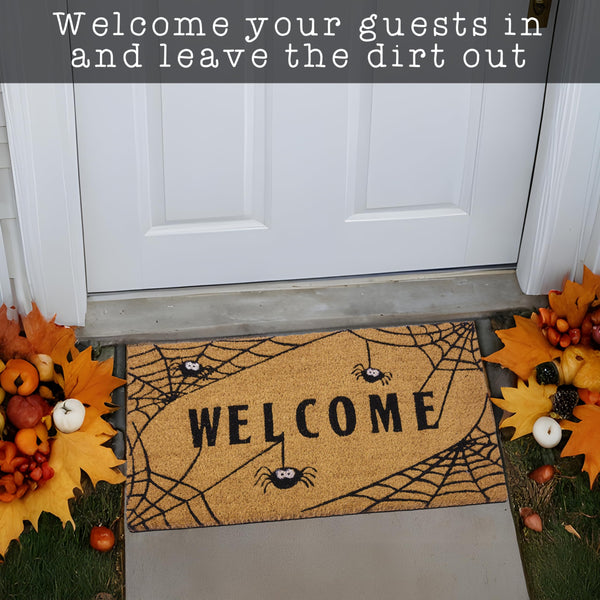 welcome halloween spider web coir outdoor rug mat