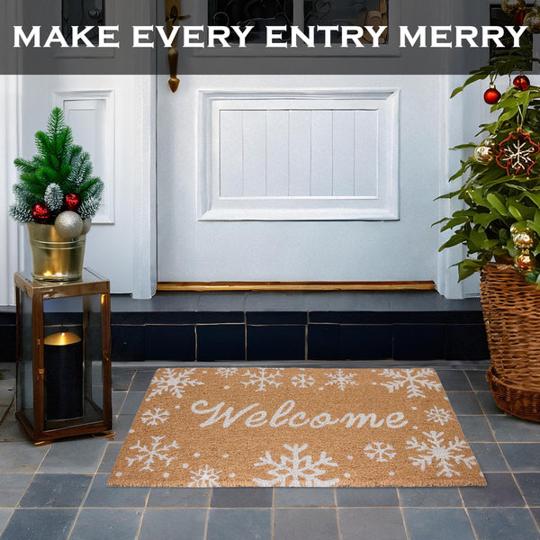 welcome snowflake christmas winter outdoor coir rug mat