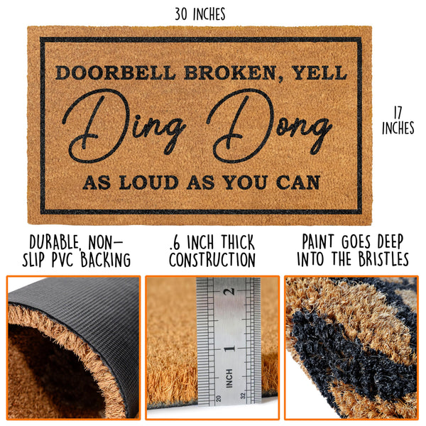 Ding Dong Doorbell Door Mat 30x17 Inch, Doorbell Broken Mat