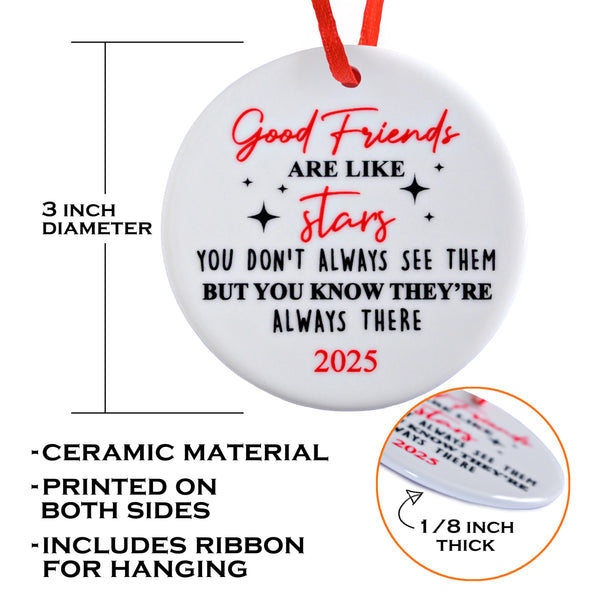 Round ceramic ornament with text and measurements on a white background