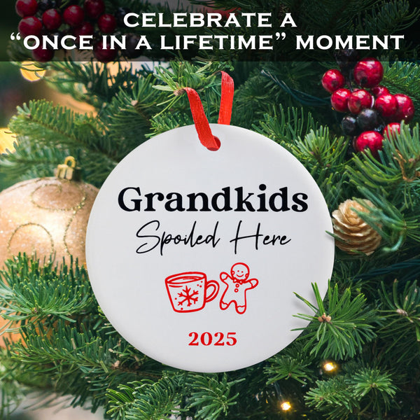 Christmas ornament with 'Grandkids Spoiled Here 2025' text on a tree background