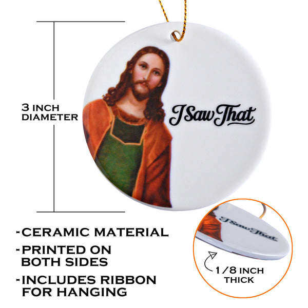 Decorative ornament with a portrait and 'I Saw That' text, featuring measurements and material details.