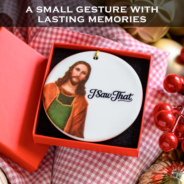 Decorative ornament with a religious figure and 'I Saw That' text in a red box on a checkered cloth.