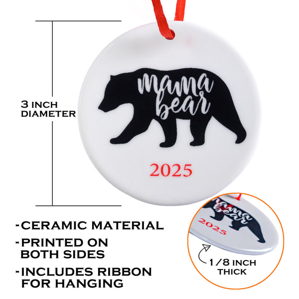 Ceramic ornament with 'mama bear' and '2025' text, featuring a bear silhouette.