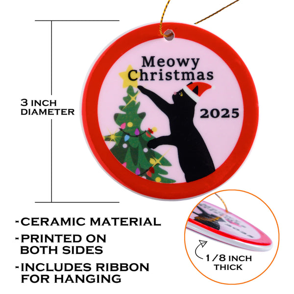 Ceramic Christmas ornament with a cat design and 'Meowy Christmas 2025' text, showing dimensions and material details.