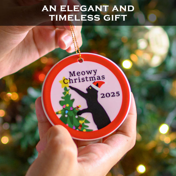 Decorative Christmas ornament with a cat design and text, held against a festive background.