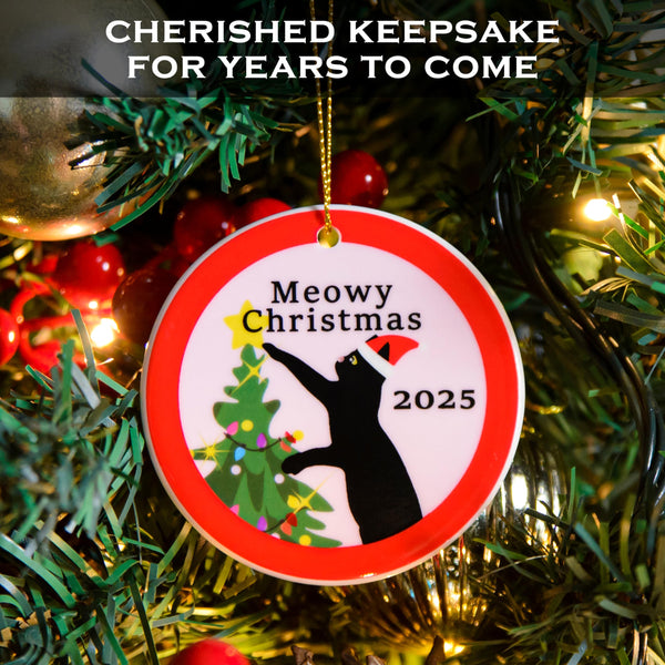Christmas ornament with 'Meowy Christmas 2025' text and a cat silhouette on a decorated tree.