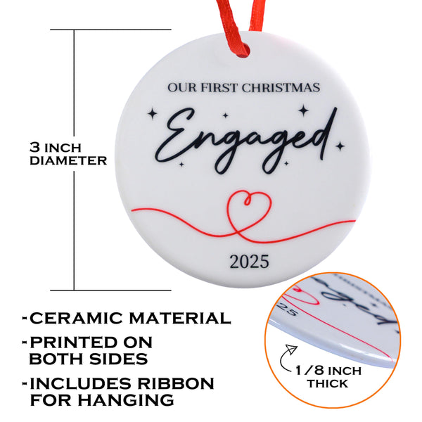 Round ceramic ornament with 'Our First Christmas Engaged 2025' text, measurements, and material details.