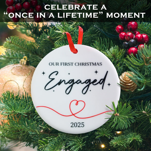 Christmas ornament with 'Our First Christmas Engaged 2025' text on a decorated tree.