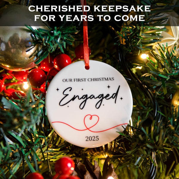 Christmas ornament with 'Engaged' text on a decorated tree