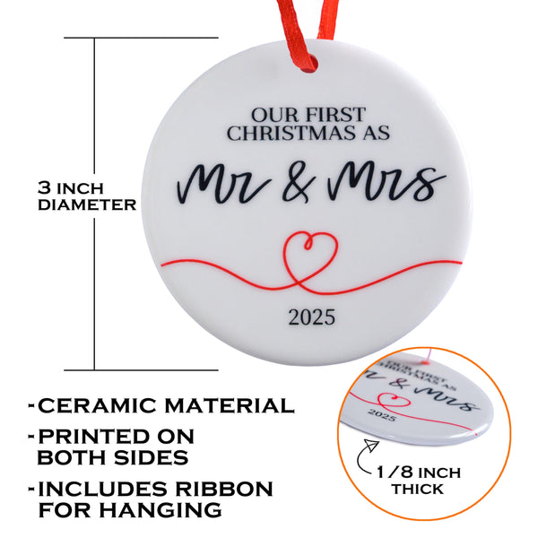 Round ceramic ornament with 'Our First Christmas as Mr & Mrs' text, measurements, and material details.