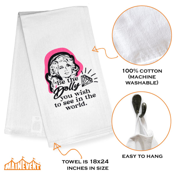 White towel with Dolly Parton graphic and text, featuring Main Event logo.