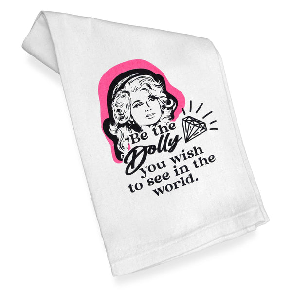 White towel with Dolly Parton graphic and text on a white background
