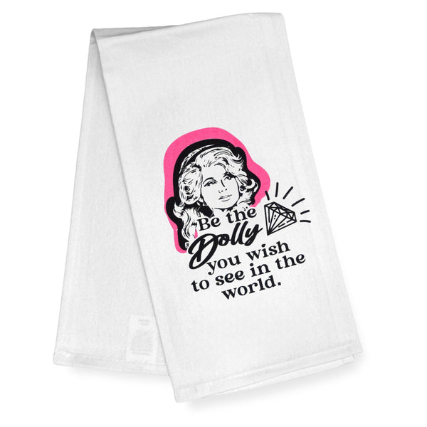 White towel with Dolly Parton graphic and text on a white background