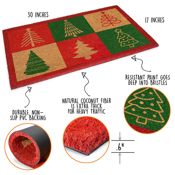 Christmas-themed doormat with tree patterns and product features highlighted