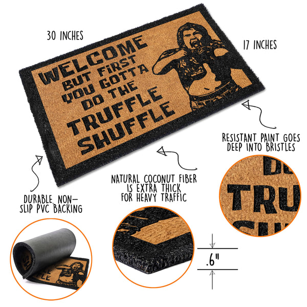 Doormat with text and graphics showing features like size, material, and design.