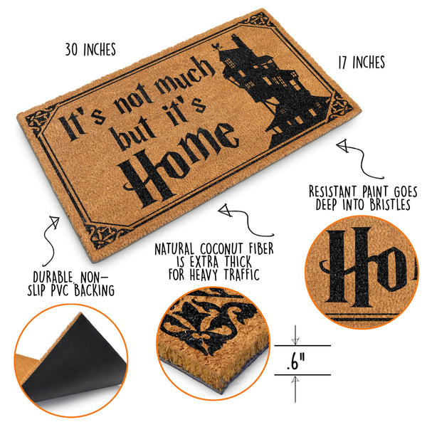 Doormat with text and features highlighted, including dimensions and material details.