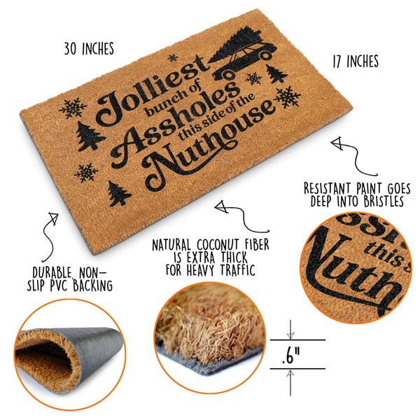 Doormat with humorous text and features highlighted, including dimensions and material details.