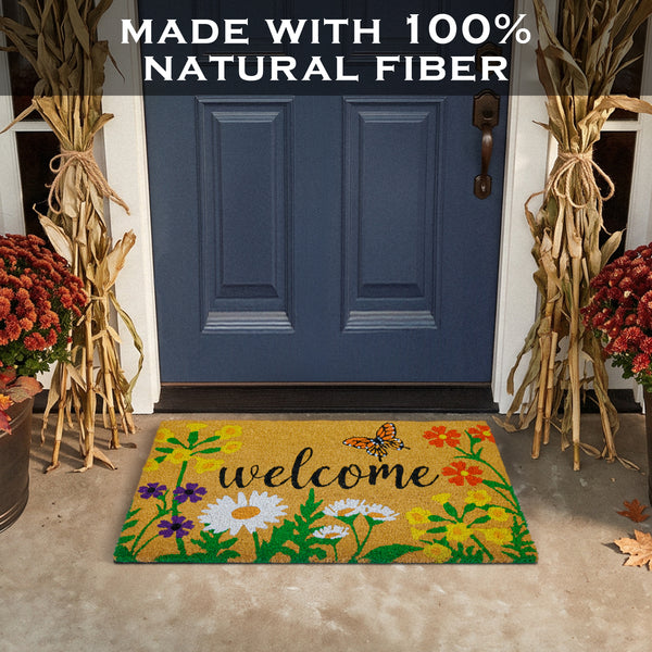 Floral Coir Doormat Outdoor 30x17 Inch Spring Flowers Garden Summer Mats