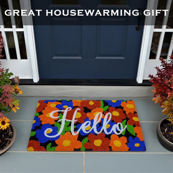 Hello with Floral Pattern Coir Doormat 30x17 Inch Spring Flowers Summer Mats Outdoor