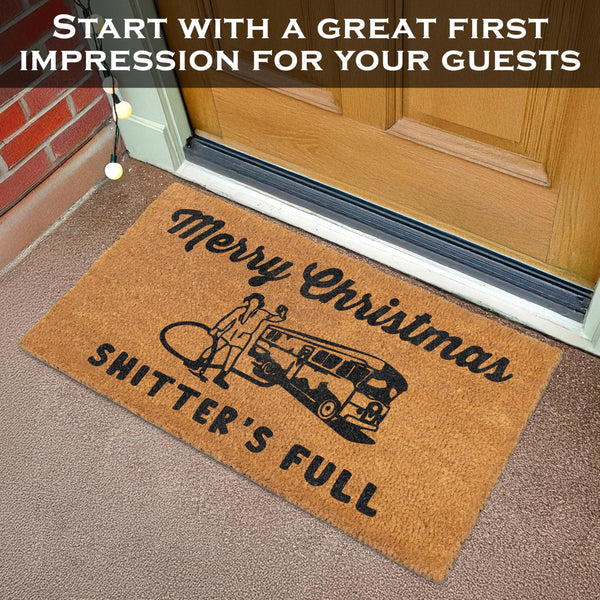 Doormat with Christmas design and text on a door mat, with text 'Start with a great first impression for your guests'.