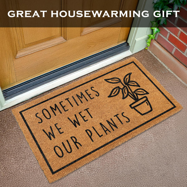 Doormat with humorous text and plant design on a door mat, labeled as a great housewarming gift.