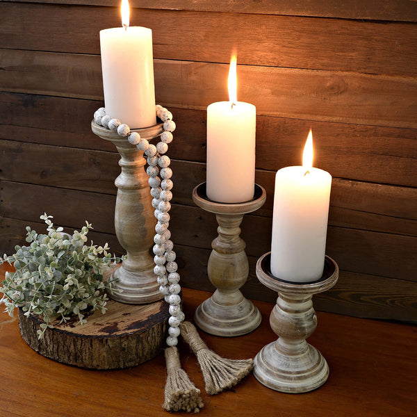 wooden candle holders pillar set of 3 rustic