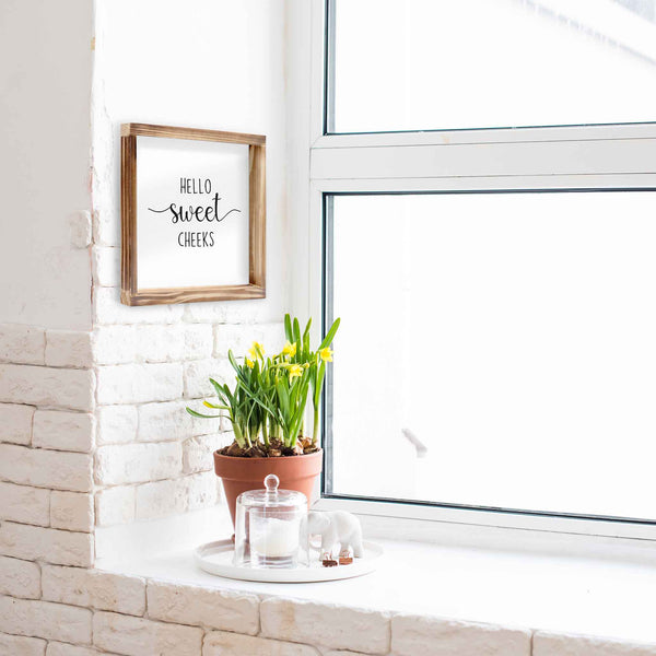 hello sweet cheeks bathroom sign framed 12x12 inch