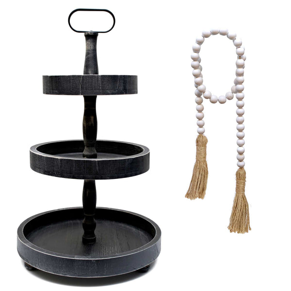3 tiered tray with bead garland black