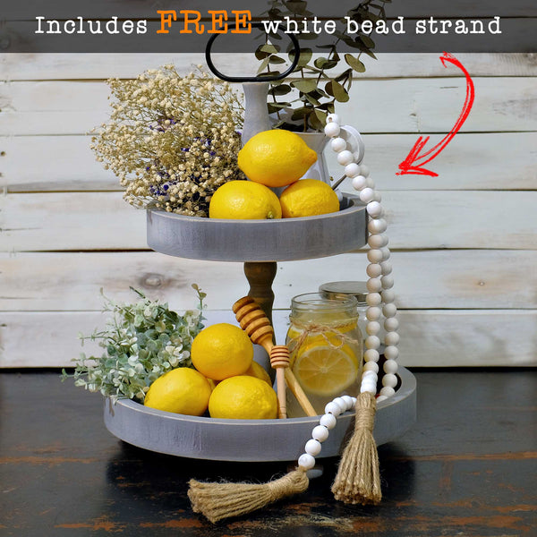gray farmhouse two tiered tray with beads