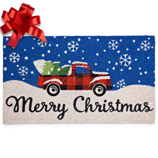 MAINEVENT Old Truck Merry Christmas Welcome Mat 30x17 Inch, Christmas Red Truck Rug Door Mat, Christmas Truck Rug, Red Truck Door Mat, Merry Christmas