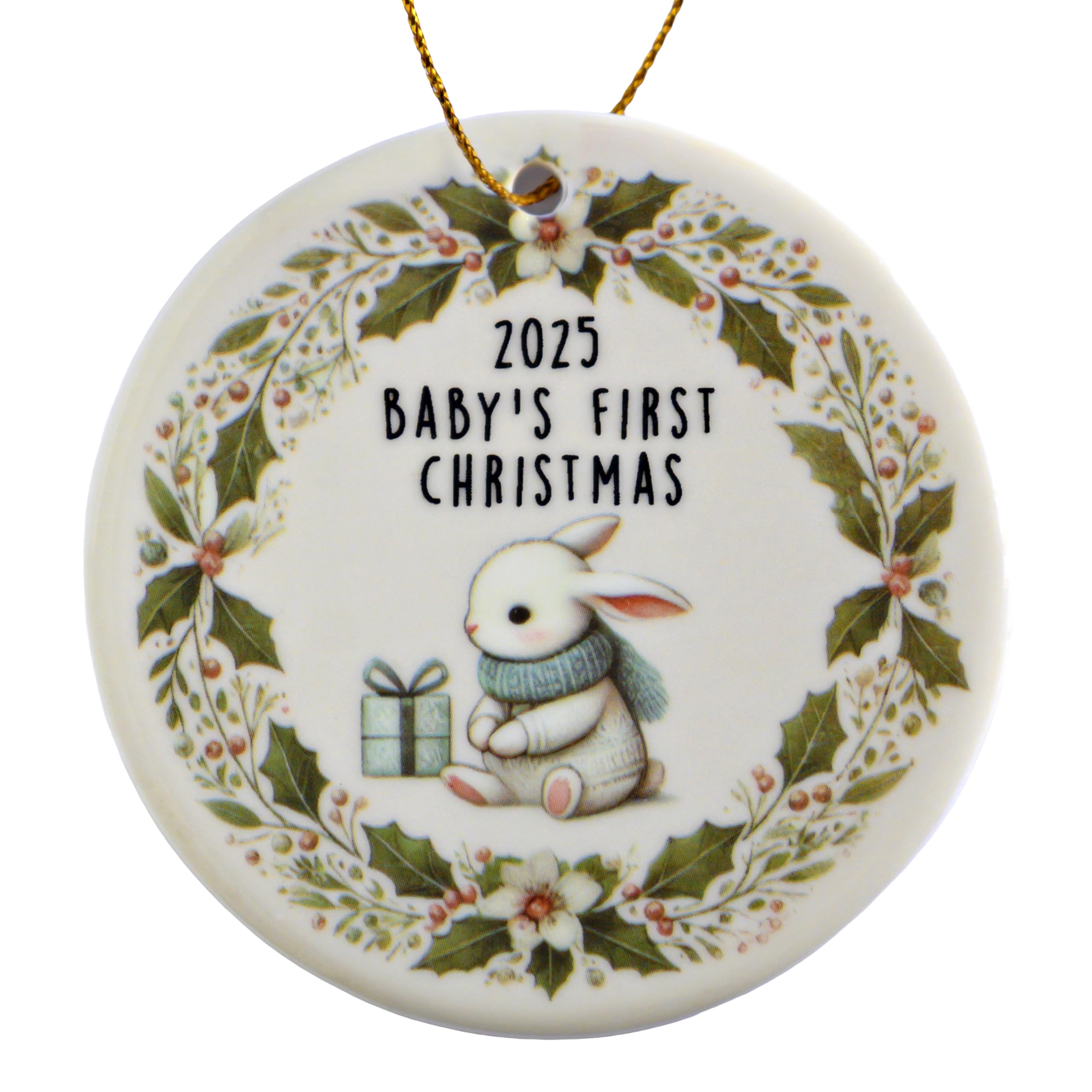 Decorative ornament with a rabbit, gift, and '2025 Baby's First Christmas' text.