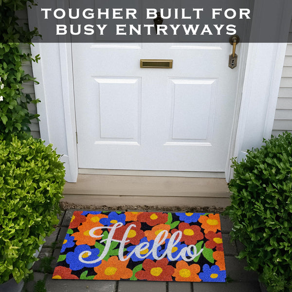 MAINEVENT Hello with Floral Background Design Coir Doormat 30x17 Inch Spring Flowers Garden Summer Mats