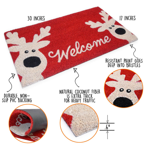 MAINEVENT Reindeer Door Mat 30x17 Inch, Reindeer Coir Doormat, Outdoor Rudolph Christmas Decoration, Reindeer Rug, Reindeer Doormat, Holiday Doormat