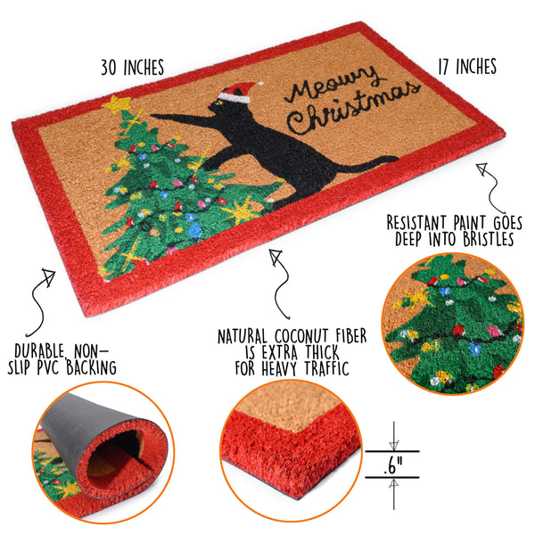 MAINEVENT Meowy Christmas Doormat 30x17 Inch, Cat Christmas Doormat, Outdoor Christmas Cat Door Mat, Christmas Cat Doormat Black Cat Doormat