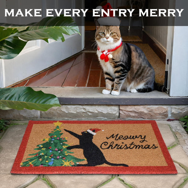 MAINEVENT Meowy Christmas Doormat 30x17 Inch, Cat Christmas Doormat, Outdoor Christmas Cat Door Mat, Christmas Cat Doormat Black Cat Doormat