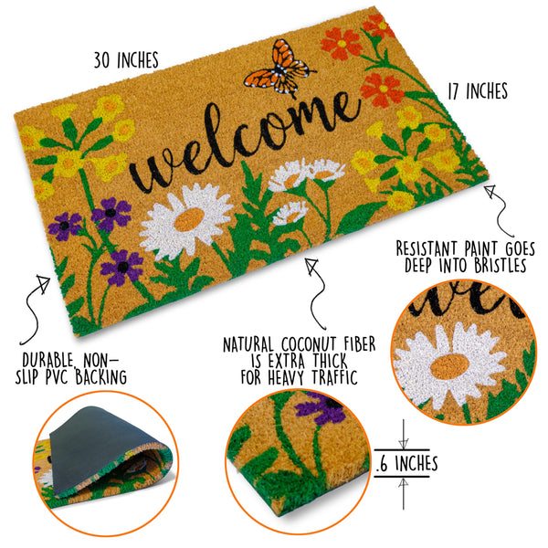 MAINEVENT Floral Design Coir Doormat 30x17 Inch Spring Flowers Garden Summer Mats