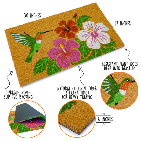 MAINEVENT Hummingbird Coir Door Mat 30x17 Inch Floral Summer Spring-themed Doormat, Rug