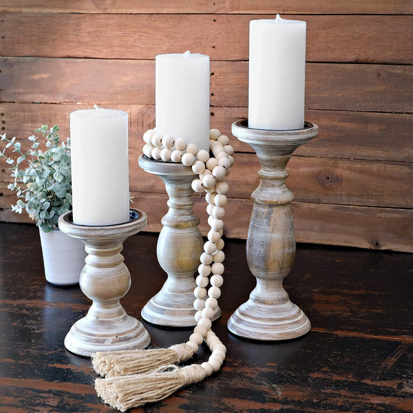 wooden candle holders pillar set of 3 rustic