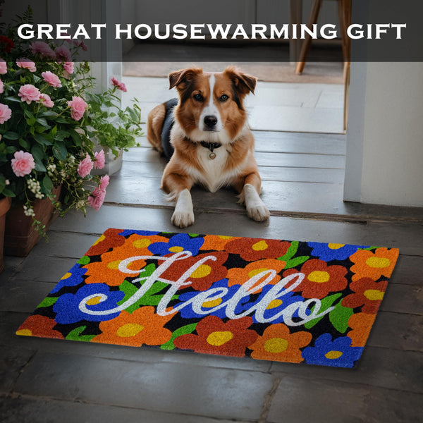 MAINEVENT Hello with Floral Background Design Coir Doormat 30x17 Inch Spring Flowers Garden Summer Mats