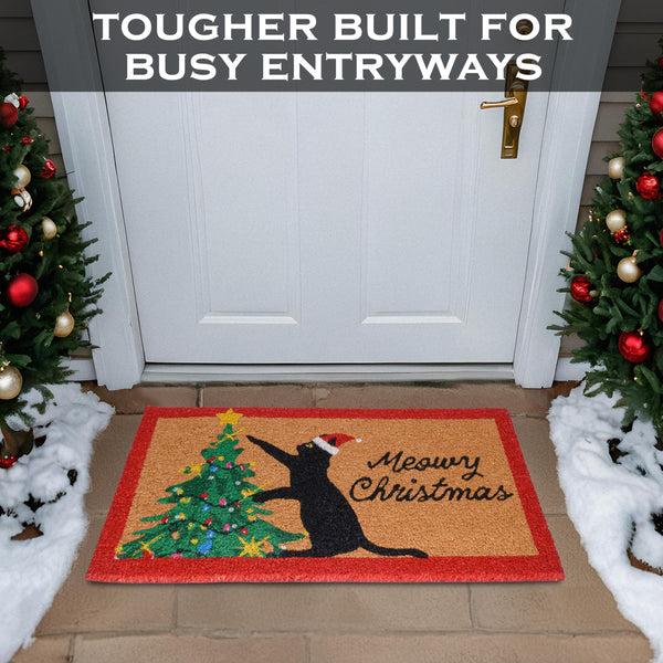 MAINEVENT Meowy Christmas Doormat 30x17 Inch, Cat Christmas Doormat, Outdoor Christmas Cat Door Mat, Christmas Cat Doormat Black Cat Doormat