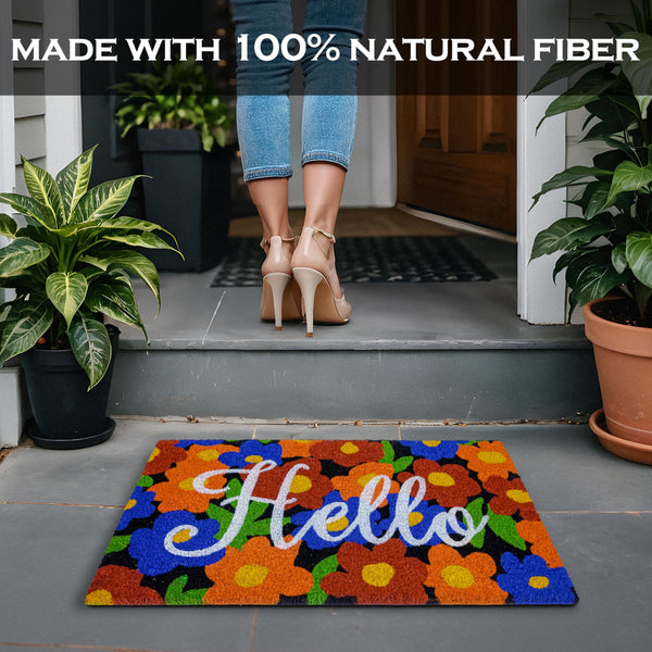 MAINEVENT Hello with Floral Background Design Coir Doormat 30x17 Inch Spring Flowers Garden Summer Mats